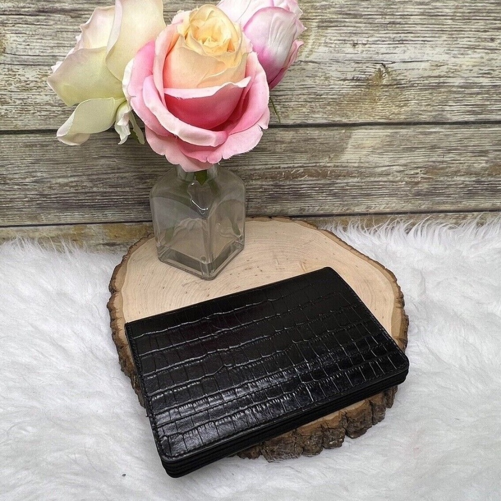 Black Genuine Leather Croc Embossed Snap Button Organizer Wallet